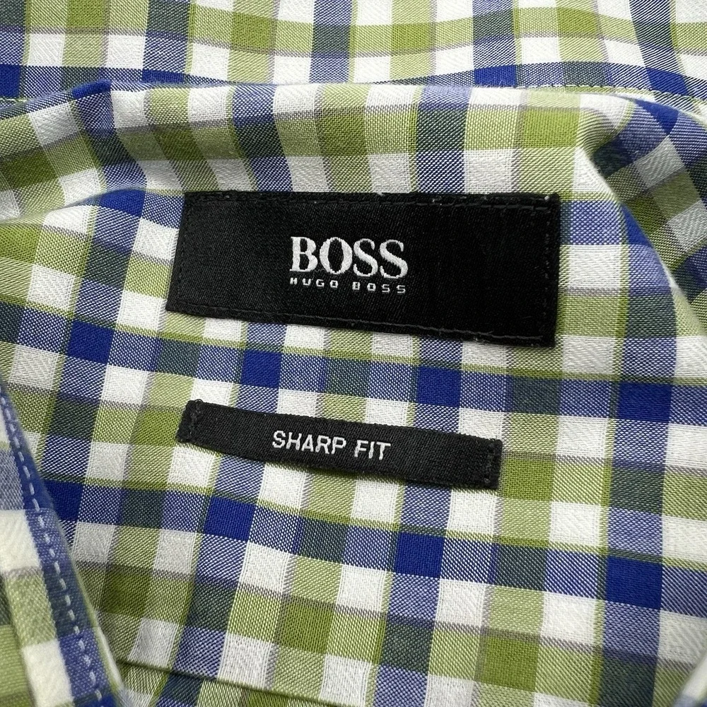HUGO BOSS MEN'S SHARP FIT CUTAWAY DRESS SHIRT SIZE 17 & 34-35 HARDLY WORN! GREEN